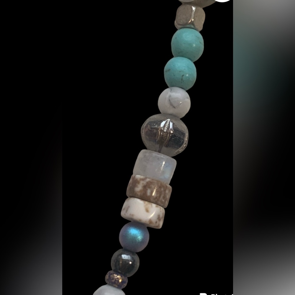 Multi Stone Pendant Necklace 18” Beaded One Of A Kind Blue Cream Bling Peace - Picture 3 of 9
